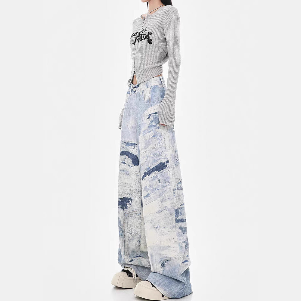 Washed Tie-Dye High Waist Wide-Leg Baggy Jeans for Autumn and Winter