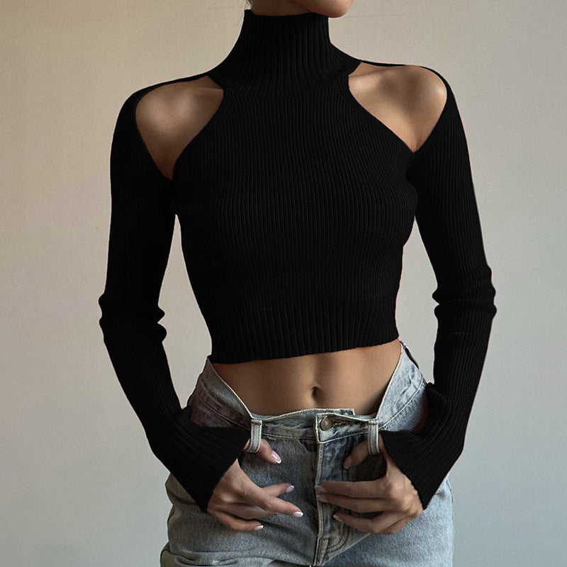 Black Ribbed Turtleneck Cutout Shoulder Crop Top