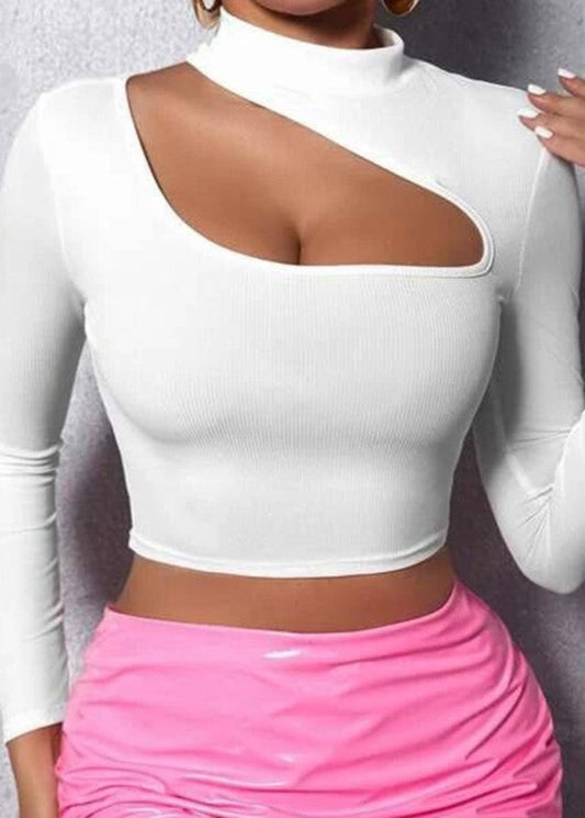 Trendy Hollow-Out Turtleneck Long-Sleeve Crop Top