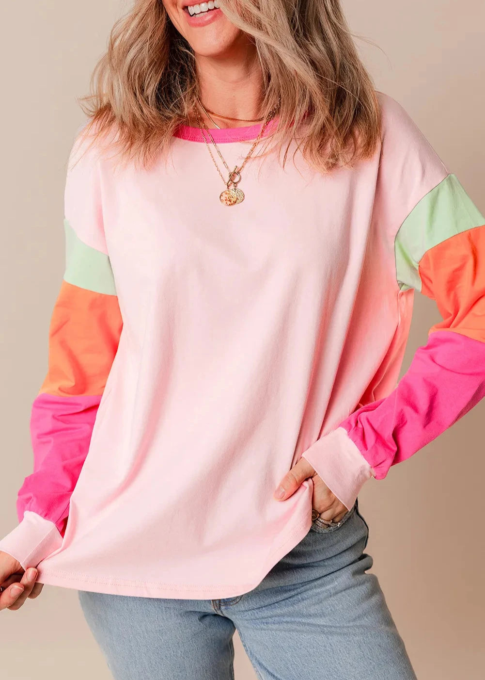 Color Block Round Neck Long Sleeve Top