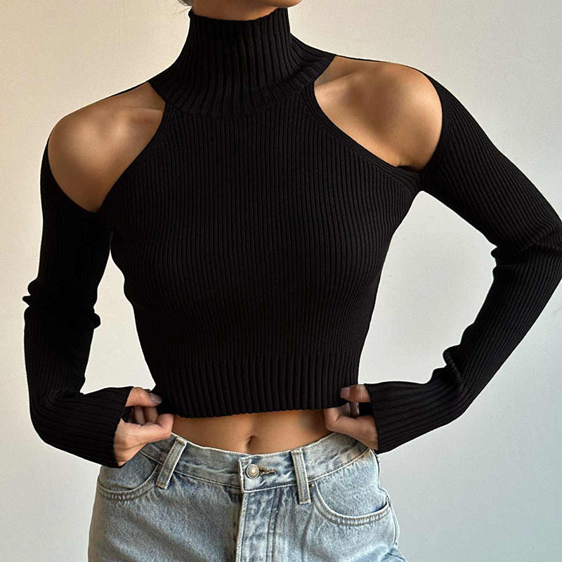 Black Ribbed Turtleneck Cutout Shoulder Crop Top