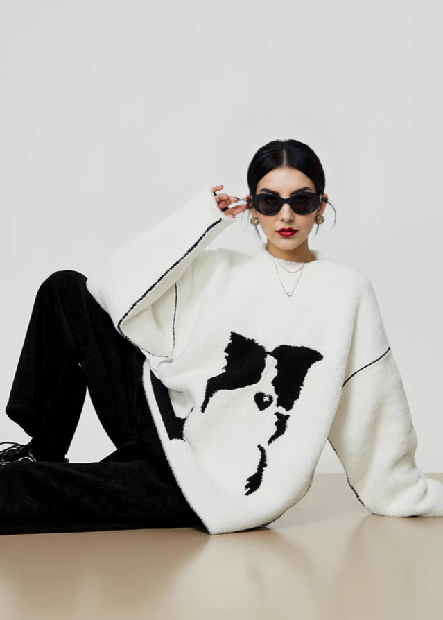 Oversized Dog Pattern Knitted Sweater