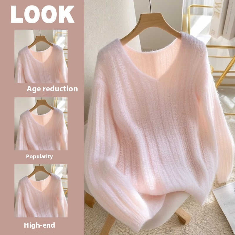 Soft Pastel Pink Fuzzy V-Neck Sweater for Women