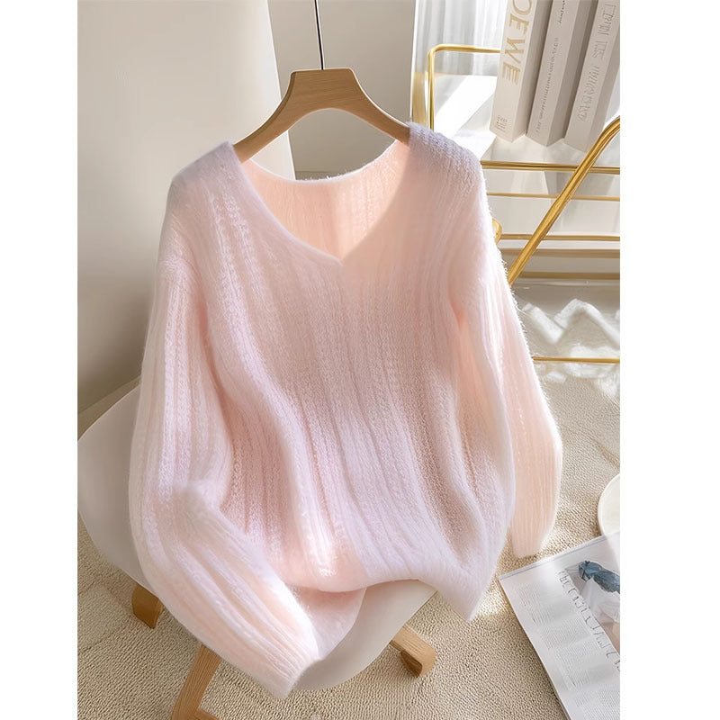 Soft Pastel Pink Fuzzy V-Neck Sweater for Women