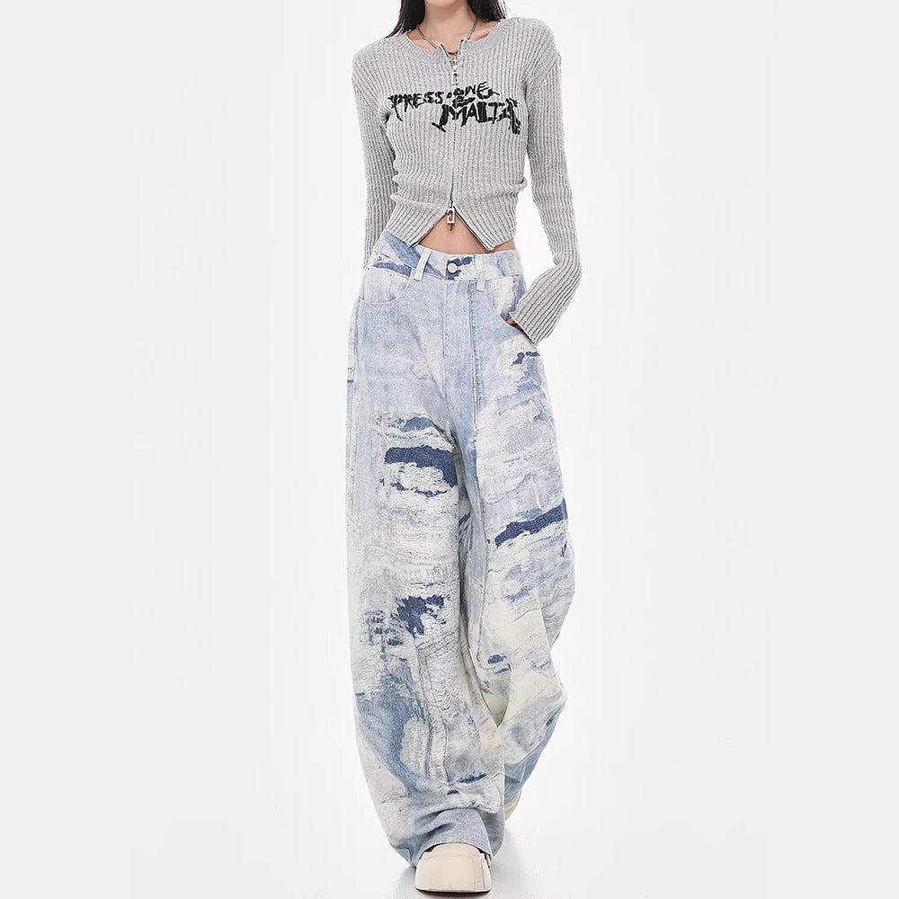 Washed Tie-Dye High Waist Wide-Leg Baggy Jeans for Autumn and Winter