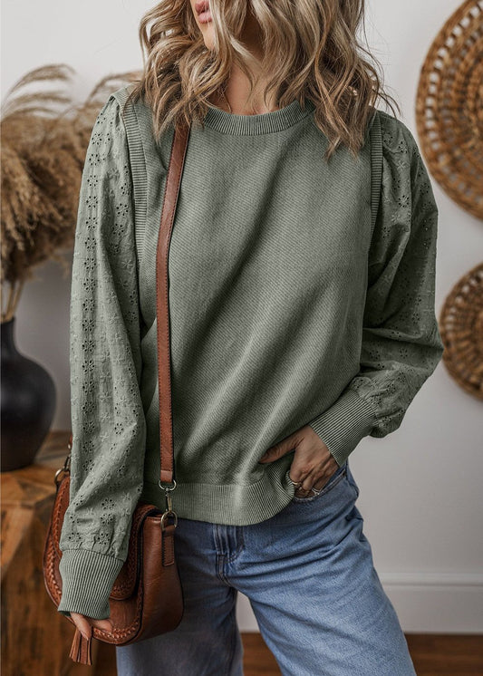 Eyelet Round Neck Long Sleeve Sweatshirt