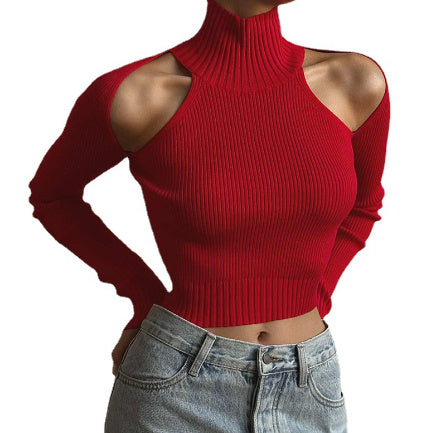 Black Ribbed Turtleneck Cutout Shoulder Crop Top