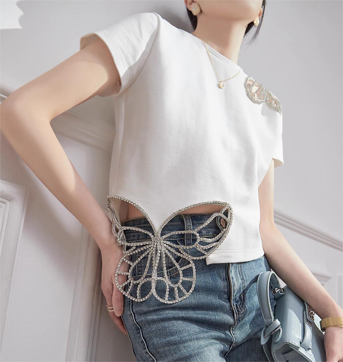 Elegant Rhinestone Butterfly Cutout T-Shirt - Women's Summer Chic