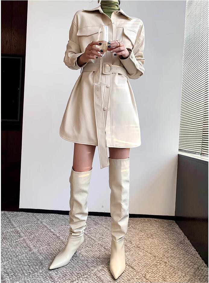 Chic Faux Leather Belted Shirt Dress - Raincoat