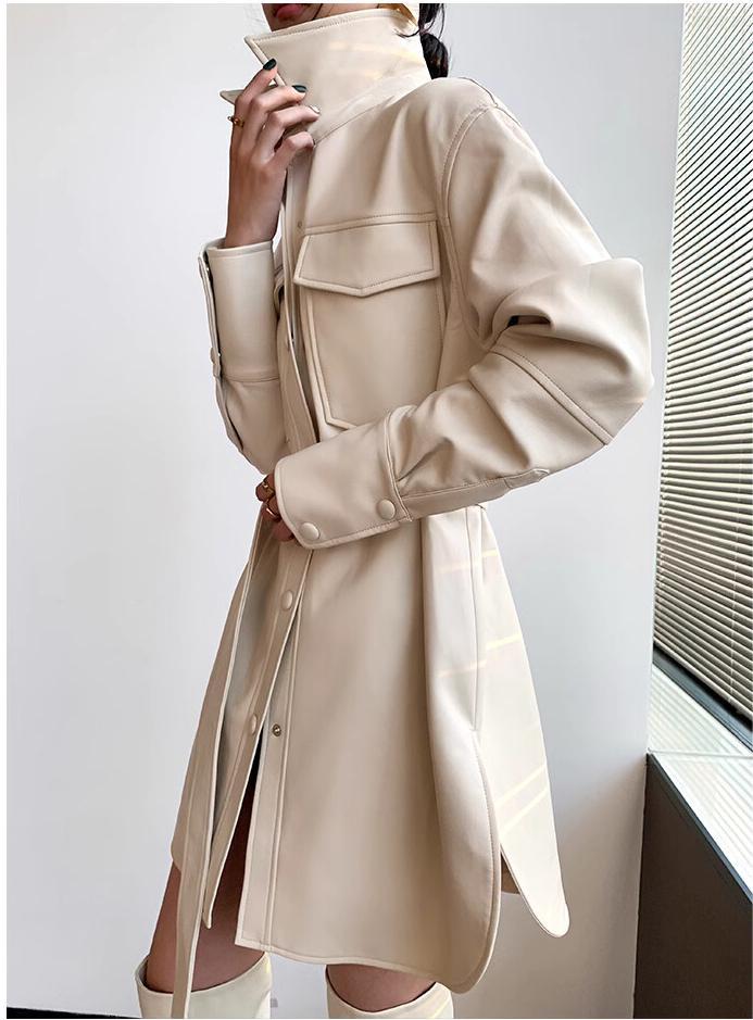 Chic Faux Leather Belted Shirt Dress - Raincoat