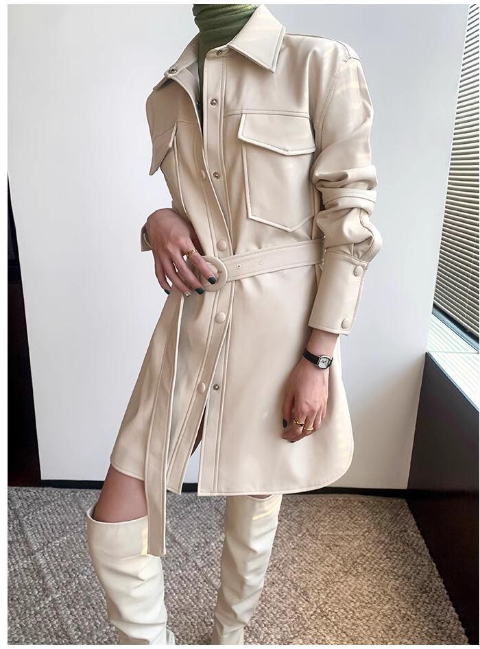 Chic Faux Leather Belted Shirt Dress - Raincoat