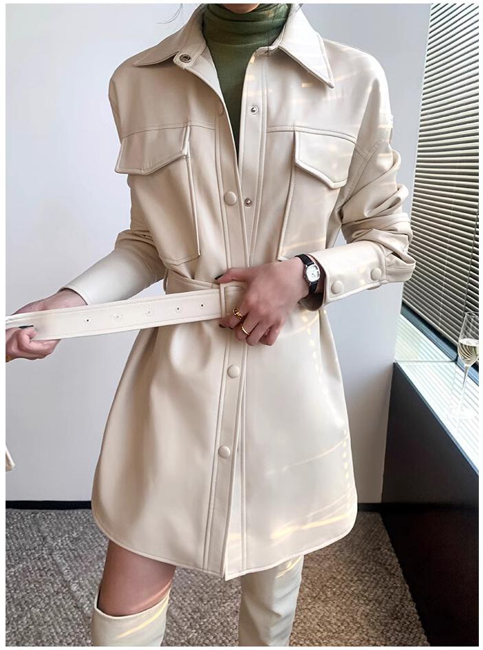 Chic Faux Leather Belted Shirt Dress - Raincoat