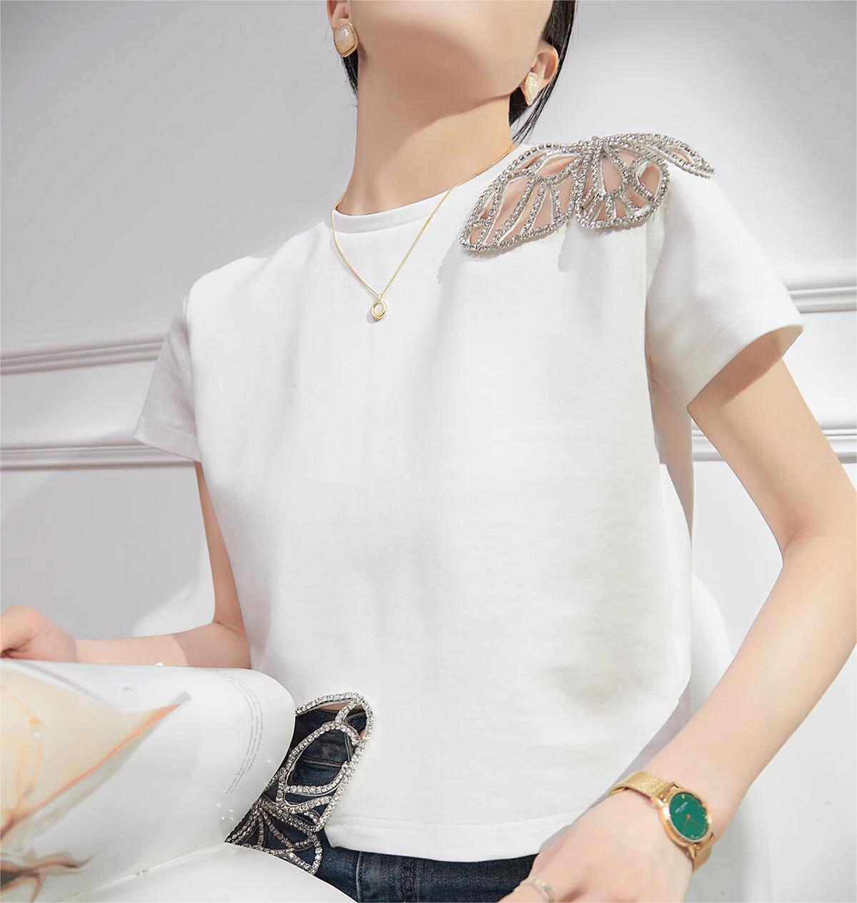 Elegant Rhinestone Butterfly Cutout T-Shirt - Women's Summer Chic