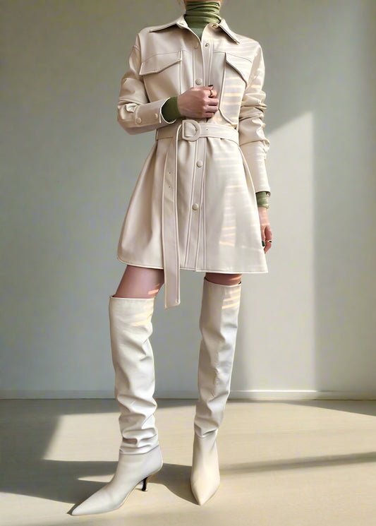 Chic Faux Leather Belted Shirt Dress - Raincoat