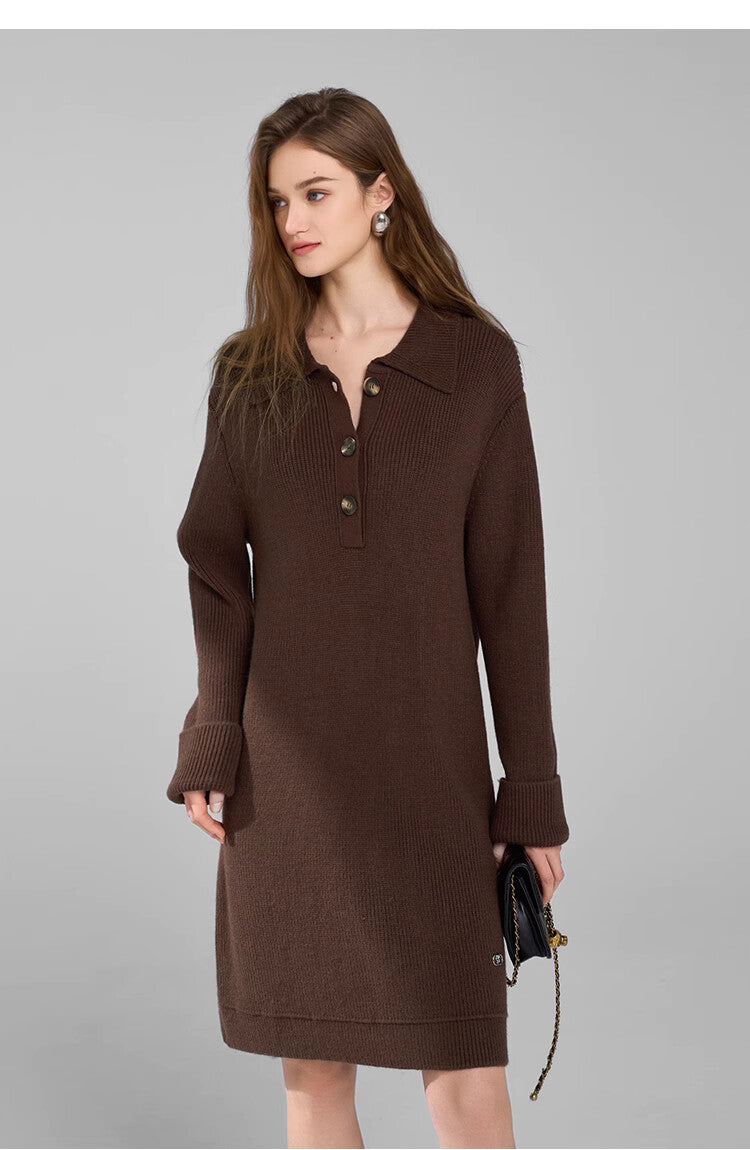 Elegant Wool-Blend Polo Dress with Button-Up Design