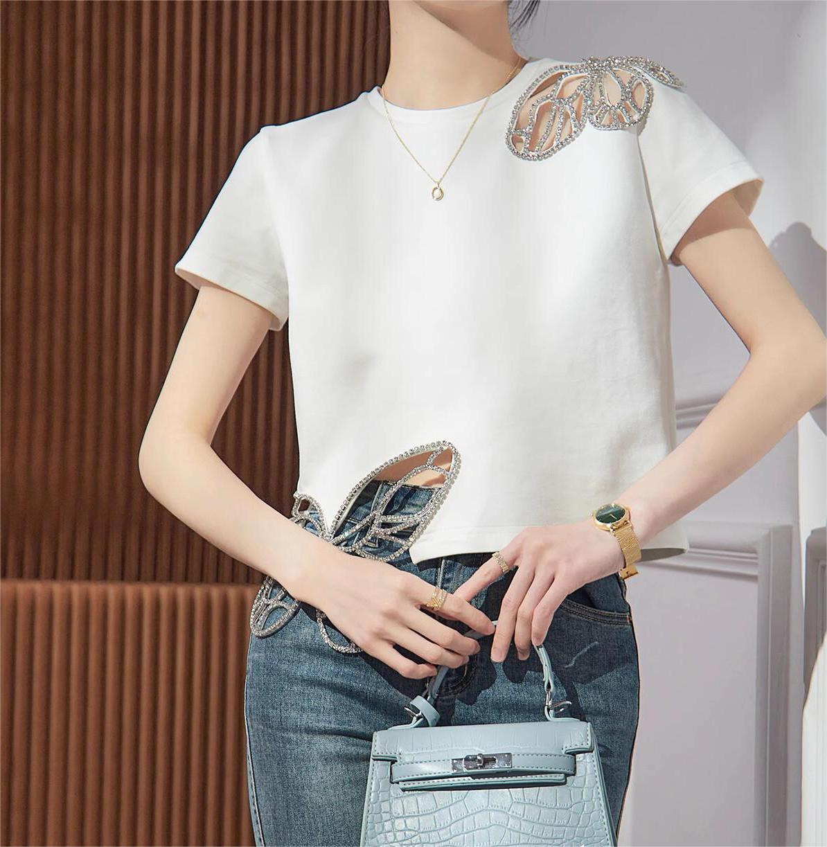 Elegant Rhinestone Butterfly Cutout T-Shirt - Women's Summer Chic