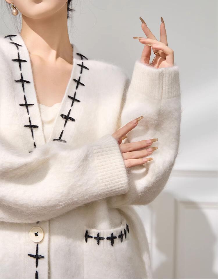 Cozy Chic Buttoned Cardigan with Black Stitch Details