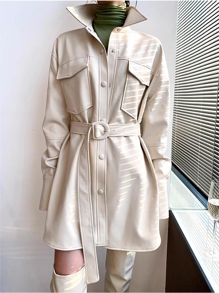 Chic Faux Leather Belted Shirt Dress - Raincoat