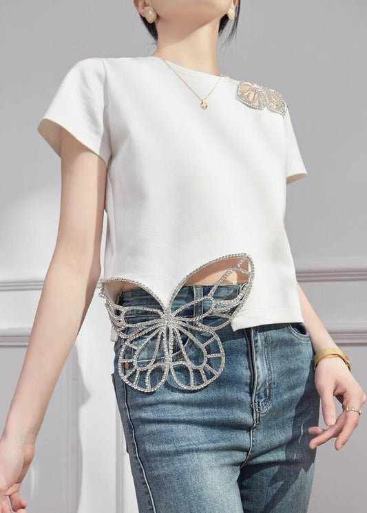 Elegant Rhinestone Butterfly Cutout T-Shirt - Women's Summer Chic