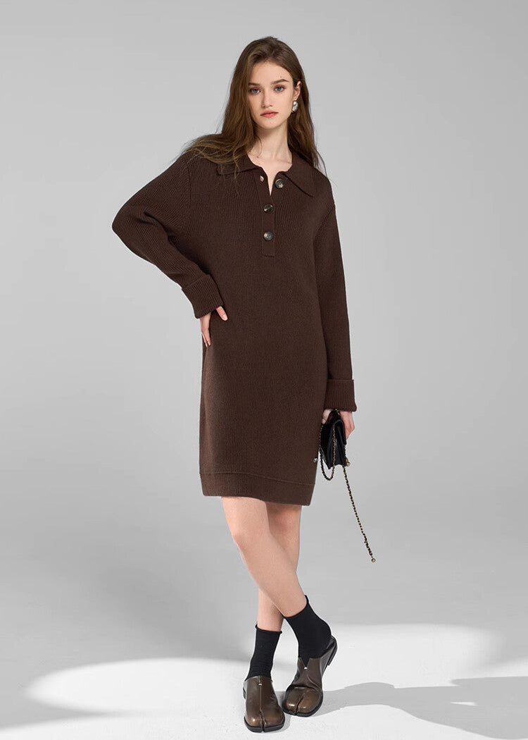 Elegant Wool-Blend Polo Dress with Button-Up Design