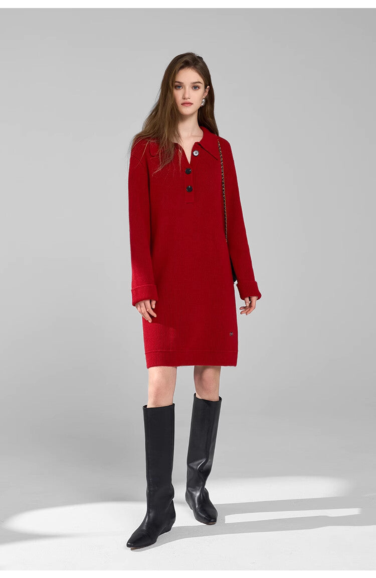 Elegant Wool-Blend Polo Dress with Button-Up Design