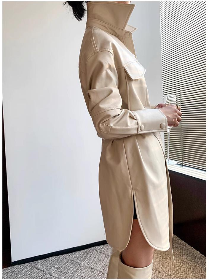 Chic Faux Leather Belted Shirt Dress - Raincoat