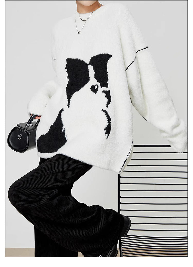 Oversized Dog Pattern Knitted Sweater