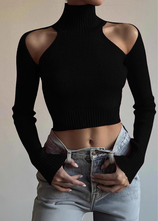 Black Ribbed Turtleneck Cutout Shoulder Crop Top