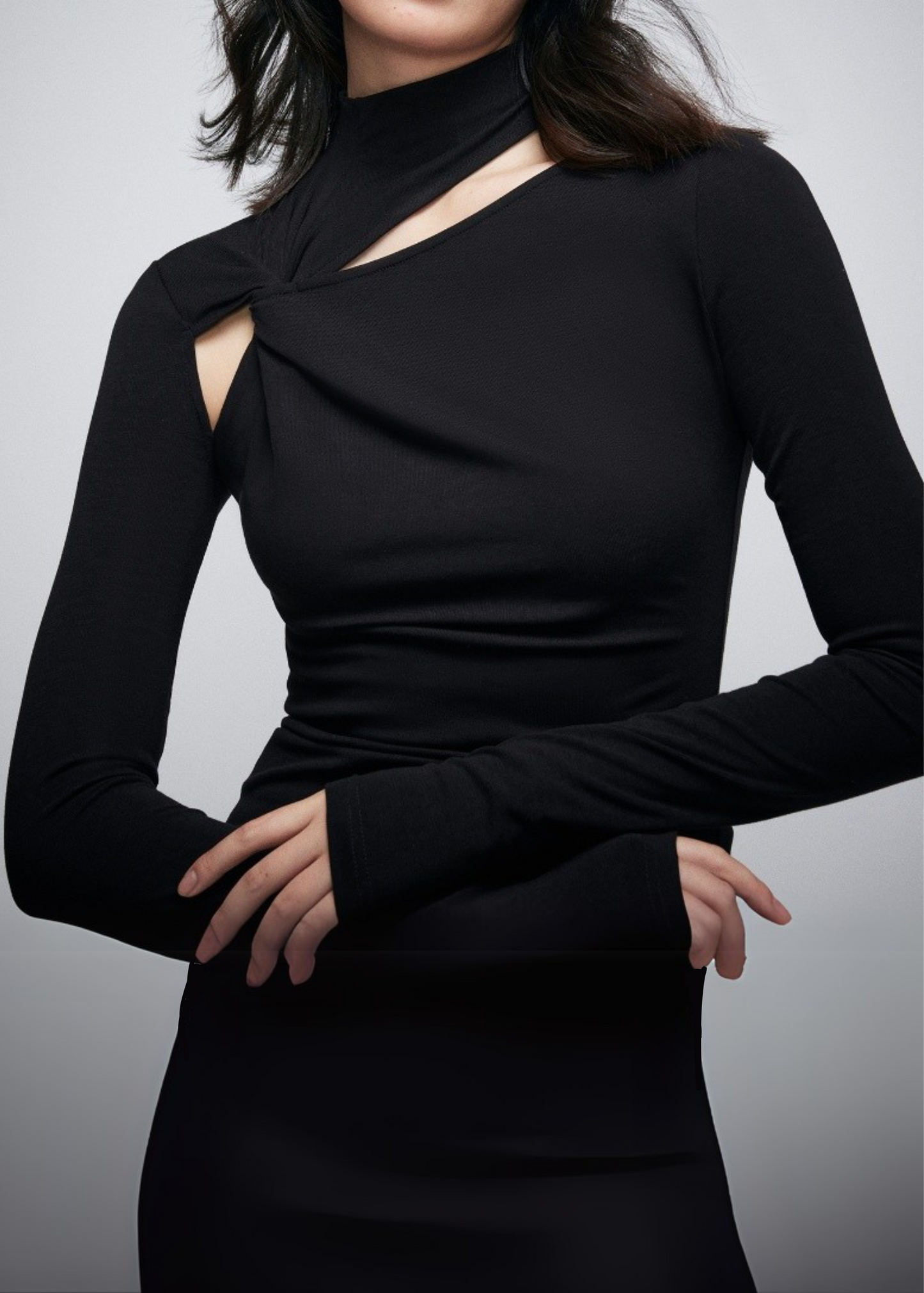 Asymmetrical Cutout Stand-Up Collar Long Sleeve Top