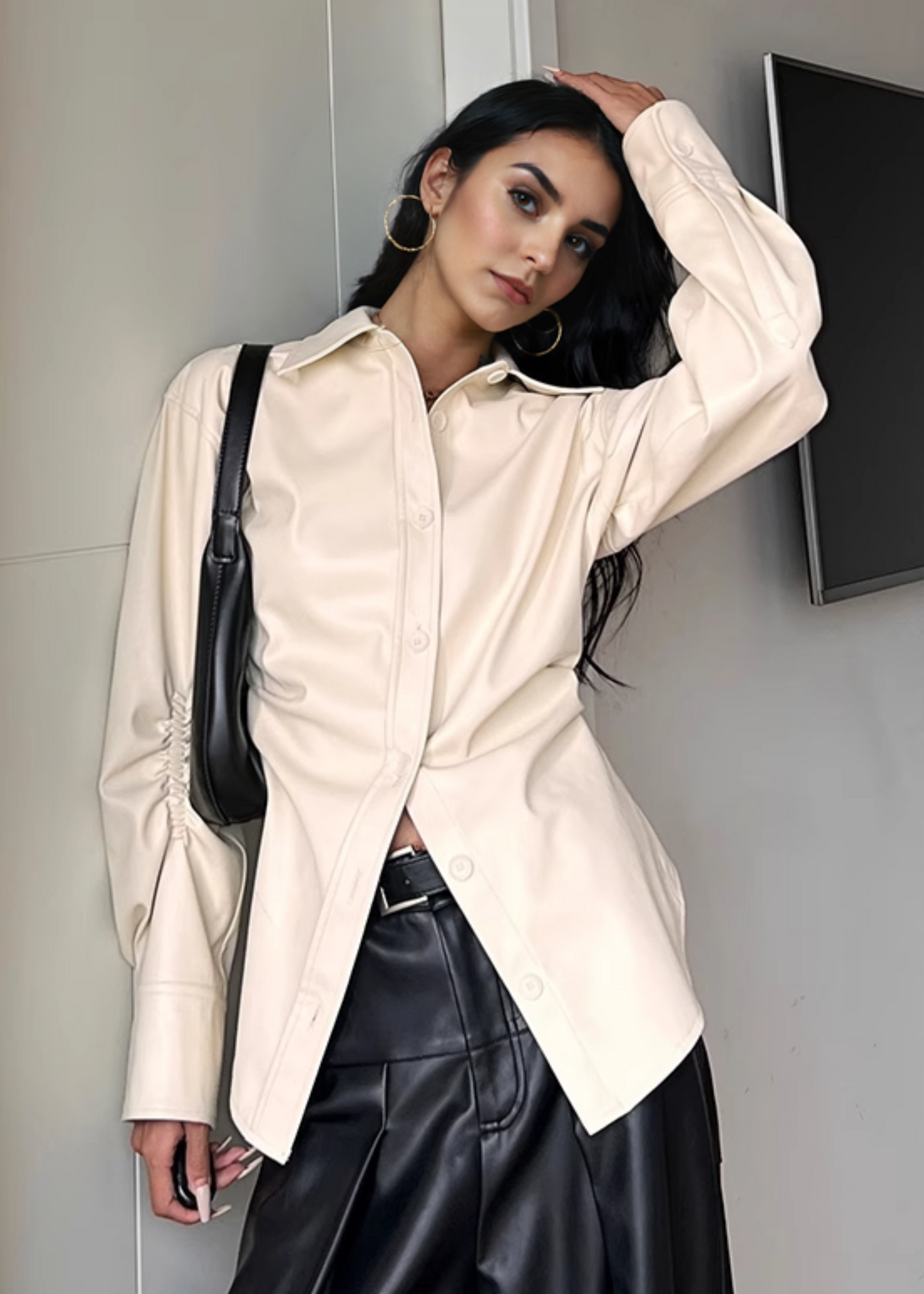 PU Leather Pointed Collar Shirt for Women