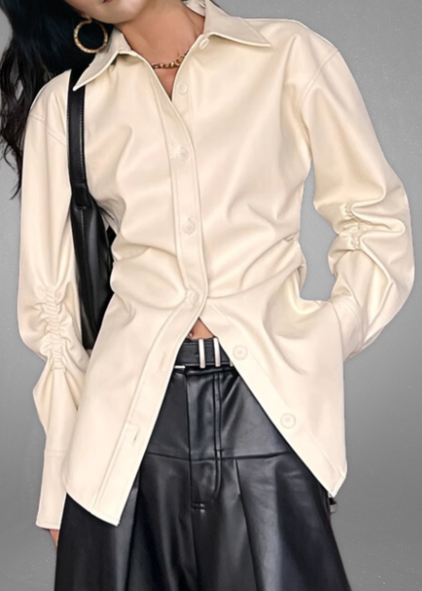 PU Leather Pointed Collar Shirt for Women