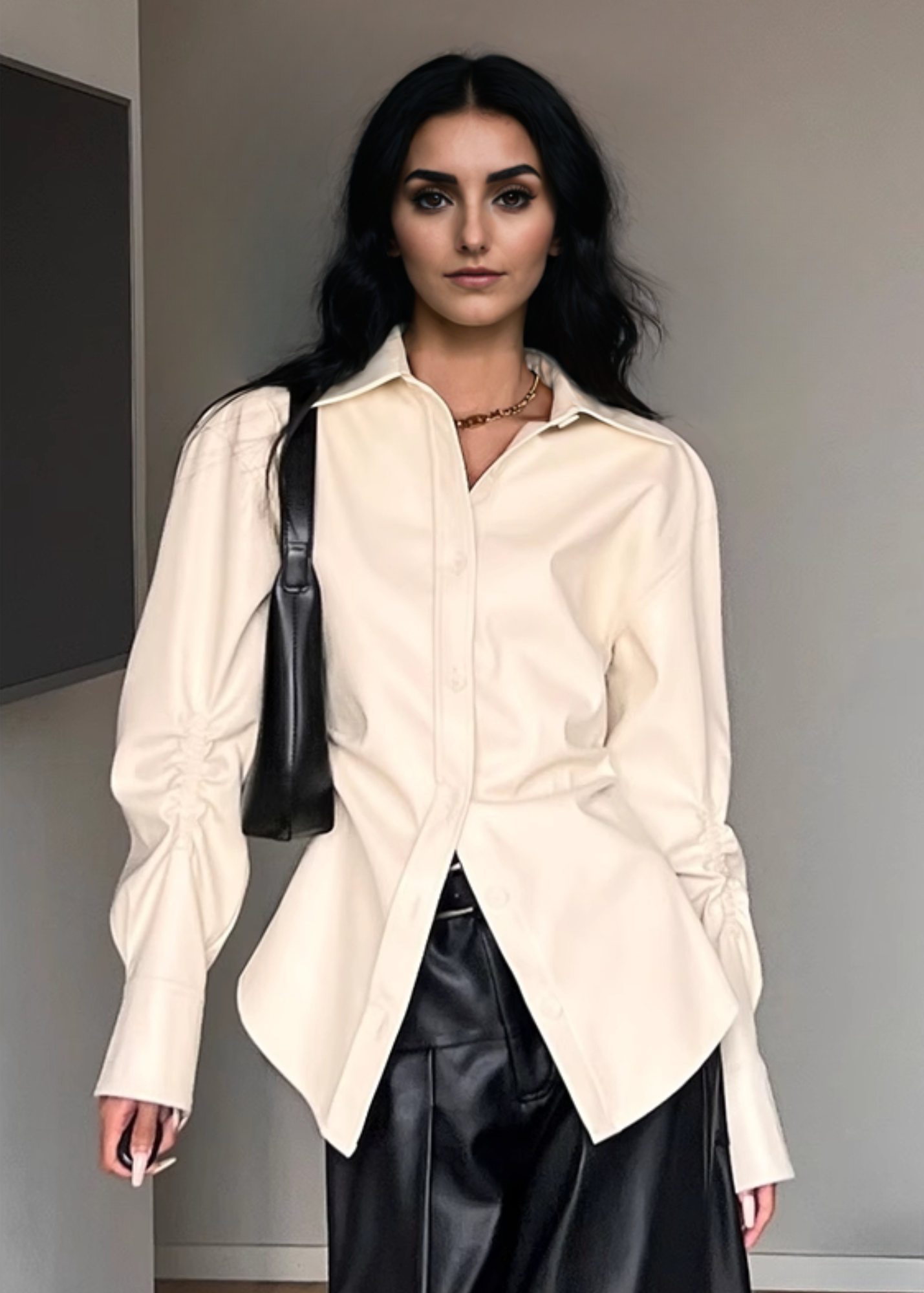 PU Leather Pointed Collar Shirt for Women