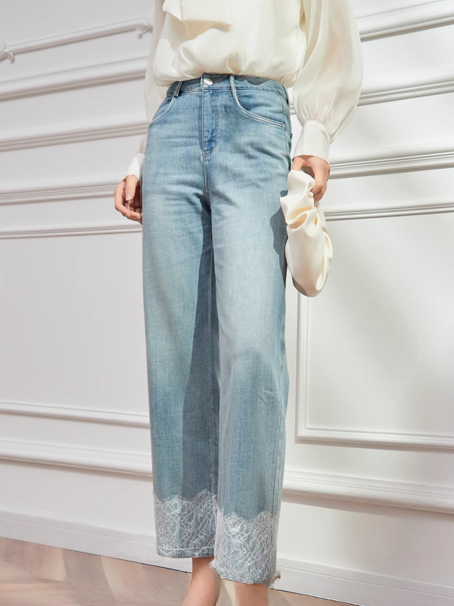 Lace Hem Wide-Leg Jeans - High-Waisted Light Wash Denim