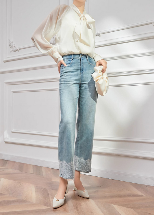 Lace Hem Wide-Leg Jeans - High-Waisted Light Wash Denim