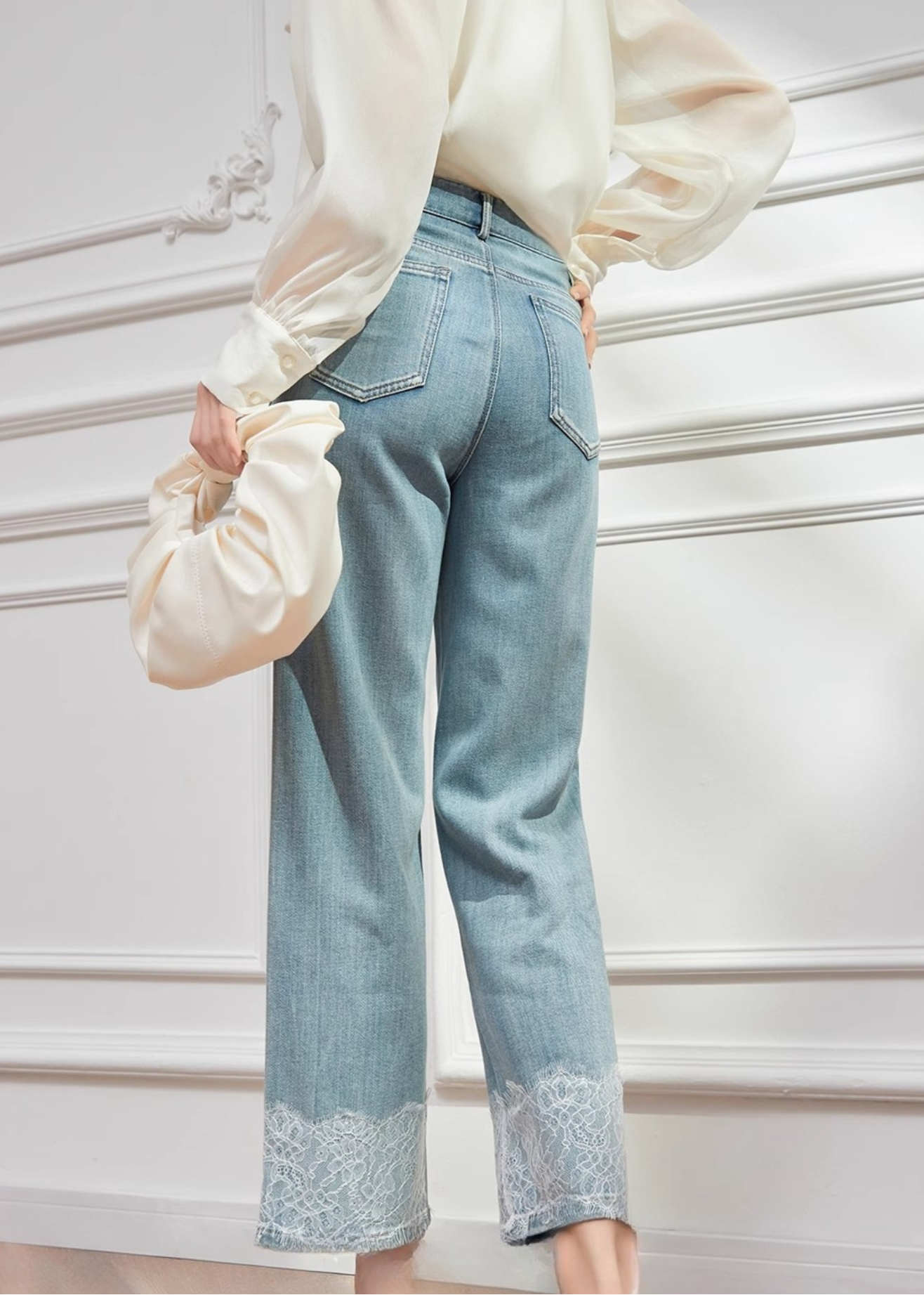 Lace Hem Wide-Leg Jeans - High-Waisted Light Wash Denim