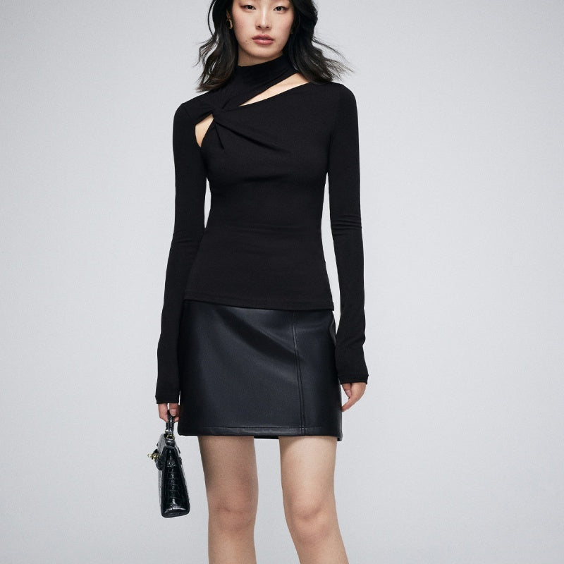 Asymmetrical Cutout Stand-Up Collar Long Sleeve Top