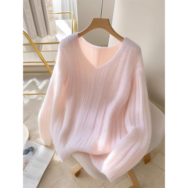 Soft Pastel Pink Fuzzy V-Neck Sweater for Women