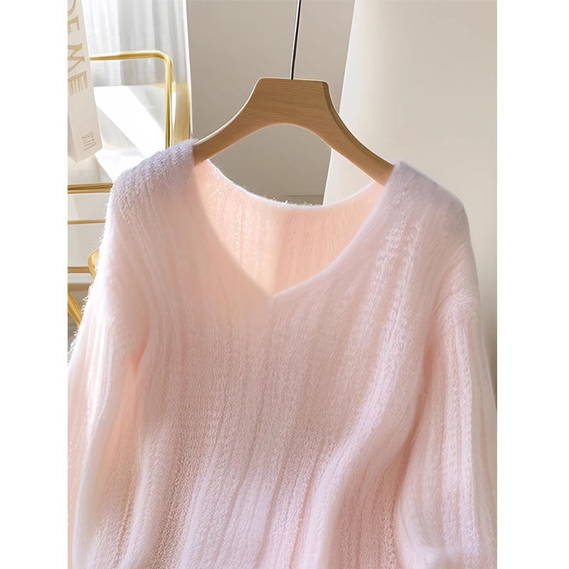 Soft Pastel Pink Fuzzy V-Neck Sweater for Women