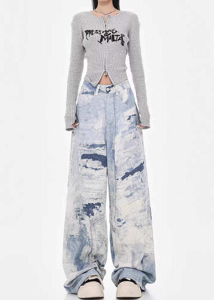 Washed Tie-Dye High Waist Wide-Leg Baggy Jeans for Autumn and Winter