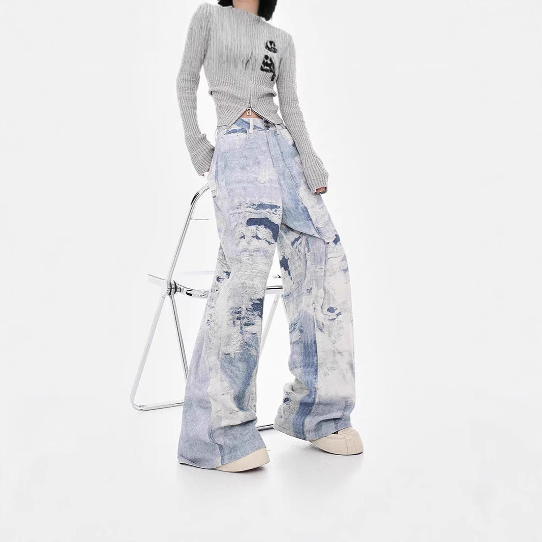 Washed Tie-Dye High Waist Wide-Leg Baggy Jeans for Autumn and Winter