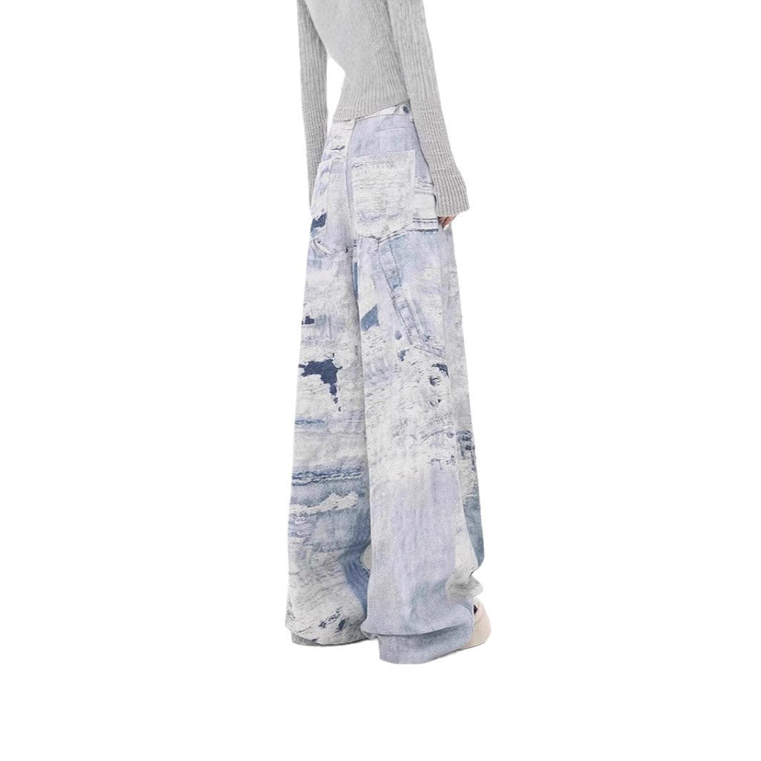 Washed Tie-Dye High Waist Wide-Leg Baggy Jeans for Autumn and Winter