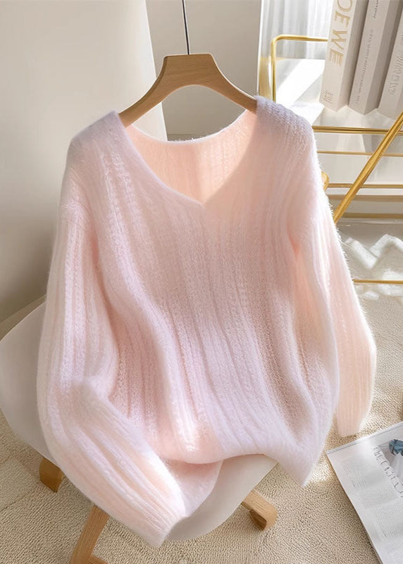 Soft Pastel Pink Fuzzy V-Neck Sweater for Women