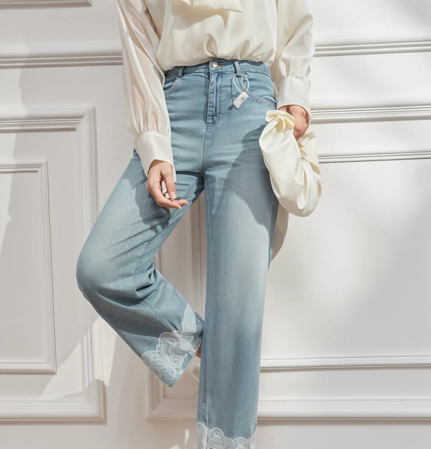 Lace Hem Wide-Leg Jeans - High-Waisted Light Wash Denim